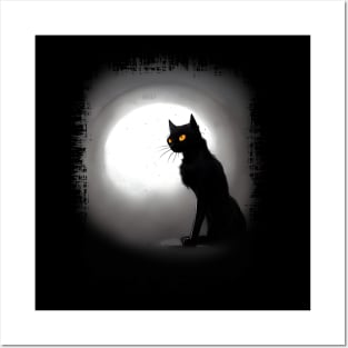 Mysterious black cat full moon indark atmosphere in a scary cemetery Posters and Art